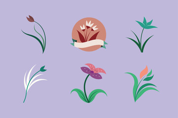 Set of minimalist flowers in various styles on a lilac background