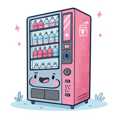 A cute, kawaii-style vending machine overflowing with empty, clear plastic bottles, pastel-colored background.