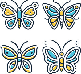Four butterfly icons set with various designs in blue and yellow tones
