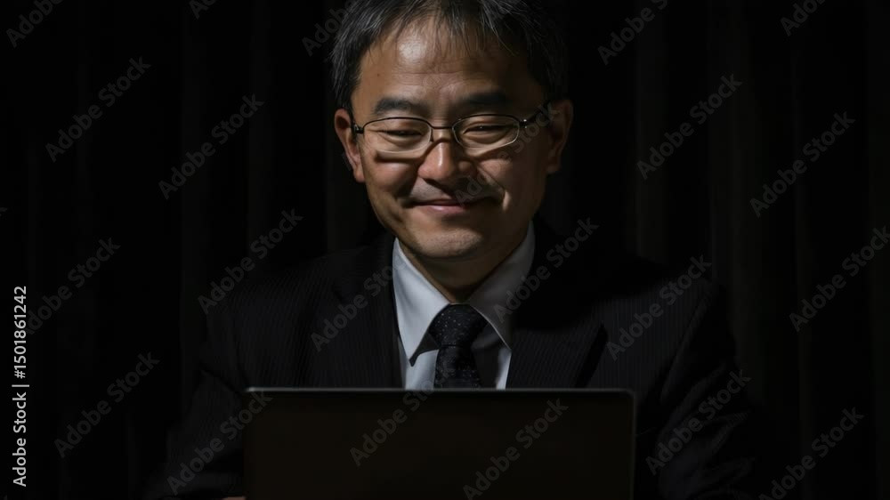 Poster a person in a business suit sits in front of a laptop, likely working or checking emails