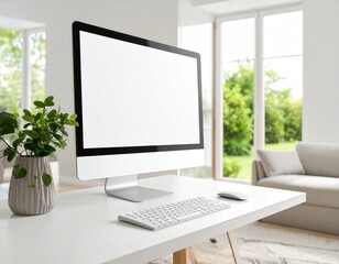 Fototapeta premium Modern workspace featuring a sleek computer keyboard mouse and vibrant green plant