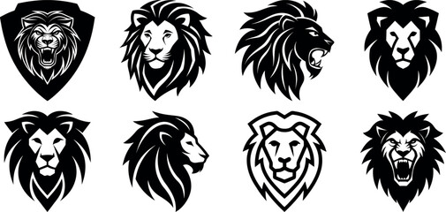 Set of Eight Unique Black and White Lion Head Logos for Branding, Design, and Identity