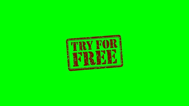 Animated "Try For Free" red rubber stamp on a green screen chroma key background for promoting free product trials and special offers