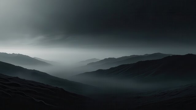 Black and White Mountain Scene with Heavy Mist
