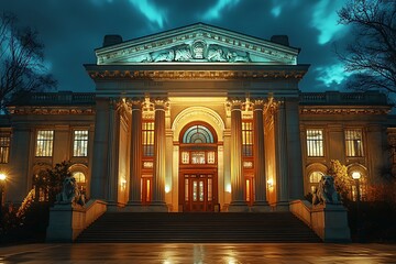 Obraz premium Classical stone building illuminated by architectural spotlights high resolution image