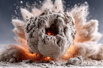 Close-Up of Concrete Explosion with Debris Scattering Against White Background