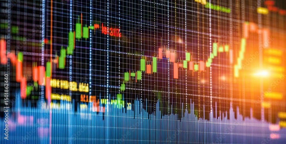 Poster complex financial chart displaying trends, with various colored indicators and data points. a strong