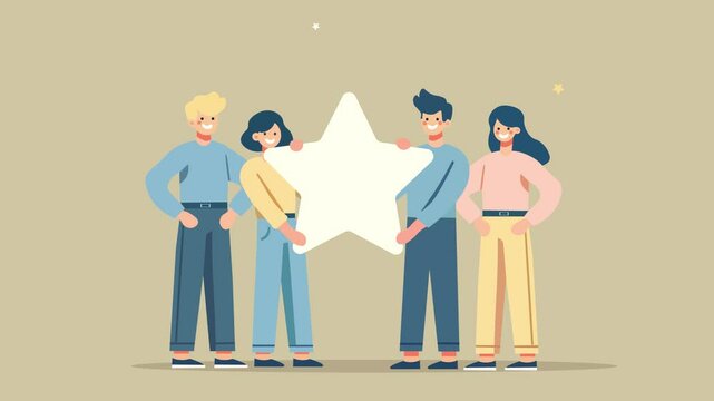Happy Customers Standing Together a Holding a Star. Flat Design Animation of Satisfaction and Positive Review. Great service feedback.