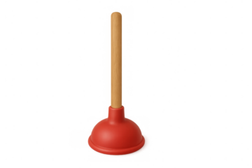 Red rubber plunger with a sturdy wooden handle, isolated on a transparent background, ideal for plumbing and household utility concepts