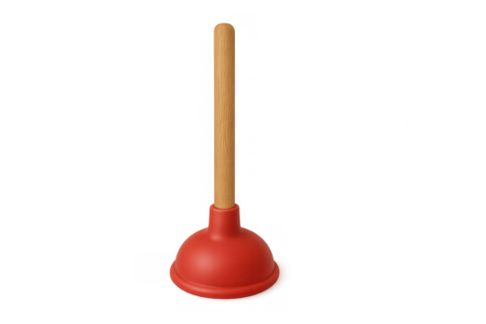 Red rubber plunger with a sturdy wooden handle, isolated on a transparent background, ideal for plumbing and household utility concepts