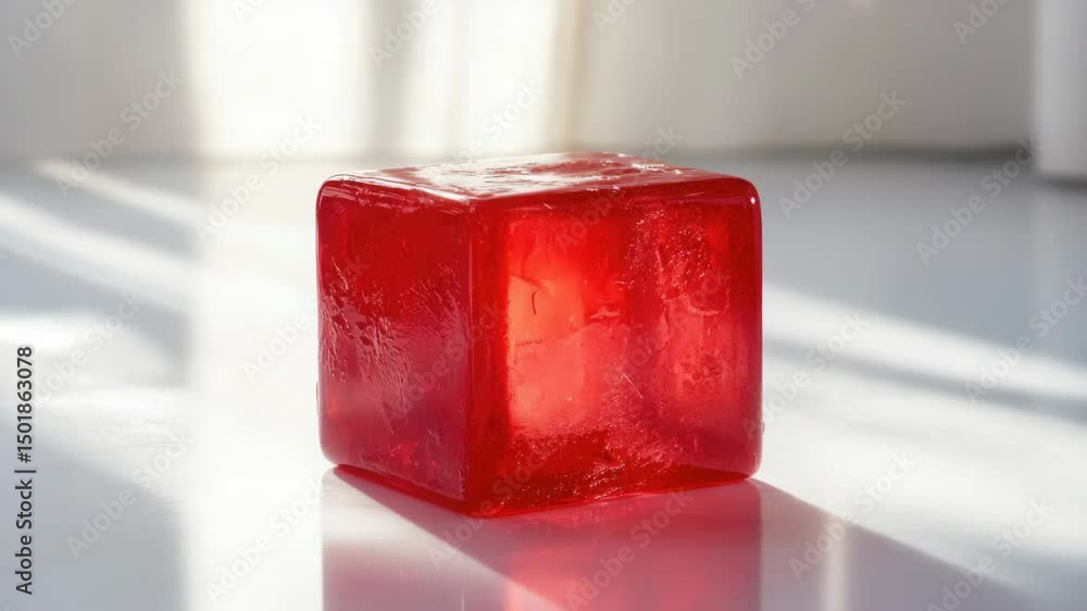 Poster A single red ice cube sitting on a white table, ready to be used in various designs and concepts