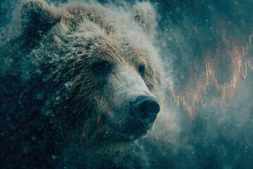 Bear Among Collapsing Stock Charts in a Stormy Market Crash Scene