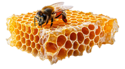 Honey bee collecting nectar from honeycomb nature close-up photography vibrant environment macro view pollination concept