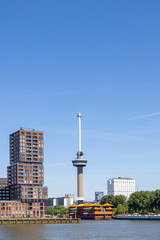 CSkyline with famous Euromast tower and floating Chinese restaurant in Rotterdam The Netherlands