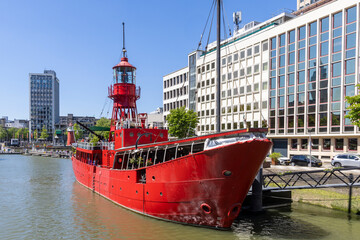Old British lightship in Whine harbor (Wijnhaven) housing a restaurant and bar downtown Rotterdam The Netherlands