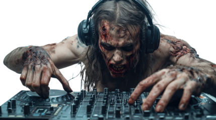 Zombie dj performance nightclub music event urban setting close-up view unique halloween theme
