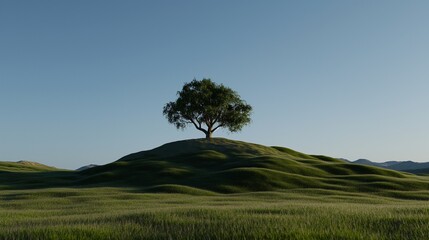 Tree on a grassy knoll under a blue sky on a sunny day. Serene landscape.