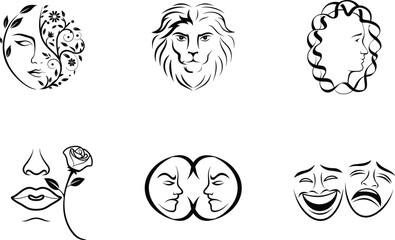 Collection of black and white abstract graphics featuring faces and symbolism