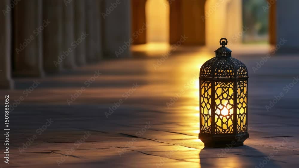 Poster a single lantern sits on a tiled floor, providing soft light