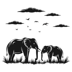 black and white silhouettes of elephants