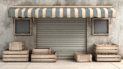 Naklejka premium Closed food market stand with empty crates highlighting access issues