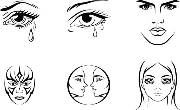 Set of line art illustrations featuring womens faces and eyes with tears