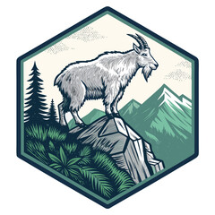 A majestic mountain goat stands proudly atop a jagged, rocky peak within a surreal, geometric hexahedron.