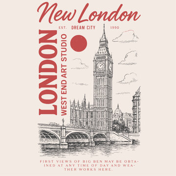 new london city hand sketch vector graphics. t-shirt graphics for london. mens womens boys girls tee sweat print artwork.