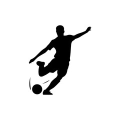 Silhouette of a male soccer player kicking a ball mid-action, captured in dynamic motion with one leg extended, symbolizing energy, sport, and athleticism.