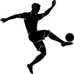 Silhouette of a male soccer player kicking a ball mid-action, captured in dynamic motion with one leg extended, symbolizing energy, sport, and athleticism.