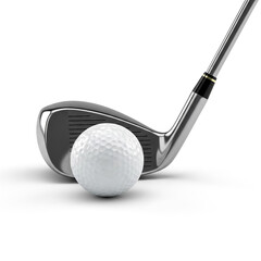 Close-up view of a golf club poised to strike a golf ball on a clean, white background during a game of golf