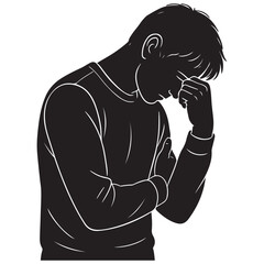 Illustration of a sad man feeling stressed and depressed with a headache in black and white outline silhouette