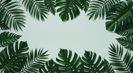 Background with dark green tropical leaves, fresh flat background. Flat lay. Nature concept