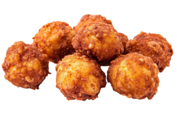 Crispy golden fried food spheres on a white background