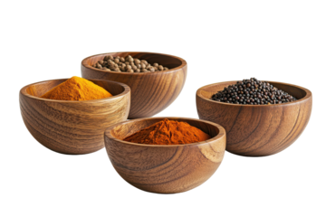 Earthy spices bask in dimness wood bowls radiate warmth