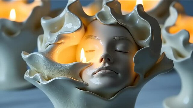 Ethereal candle holder with a serene face, glowing softly, surrounded by warm light in a tranquil setting