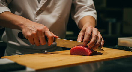 Tuna Being Cut with Knife