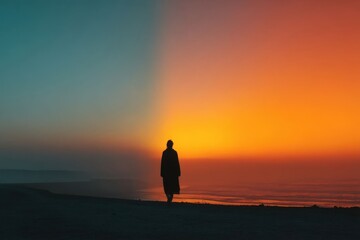 Silhouette Walking Towards Sunset and Sunrise Symbolizing Bias Awareness