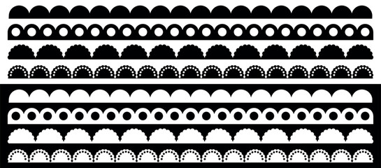 Set of Decorative Lace Border Designs. Scallop and Circle Cutwork Patterns in Black and White color.