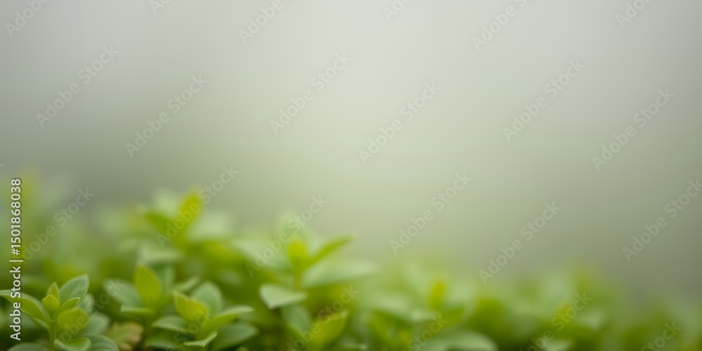 Poster blurred close up of small green plants with a soft white and green background in a soft focus view
