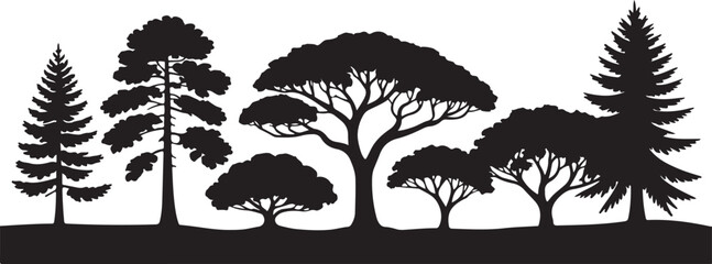 Silhouette illustration of various tree types, including pine and oak, in black and white, ideal for nature designs, woodland scenes, and environmental vector art

