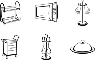 Kitchen equipment collection black and white vector illustration for design and decoration