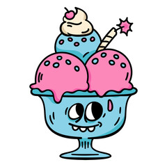 Cartoon ice cream cone with a pink and blue sundae