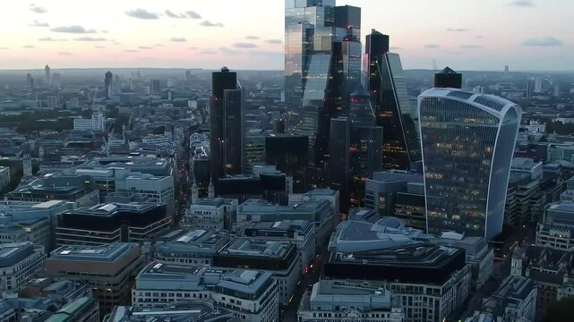 Aerial Drone Footage of Modern Smart City with Skyscrapers and Visible Communication Infrastructure, Urban Technology and Network Connectivity Concept