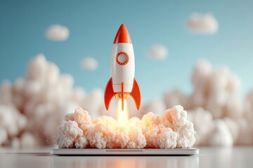 Futuristic Rocket Launch from Laptop Symbolizing Innovation and Technology