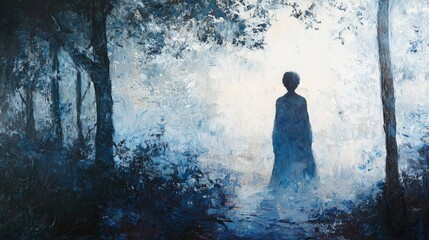 Obraz premium A solitary figure in a misty woodland scene.