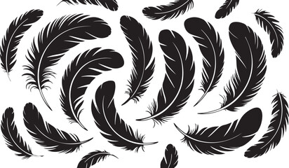 Fototapeta premium Black silhouettes of various feathers scattered, perfect for nature, boho, and decorative design themes.