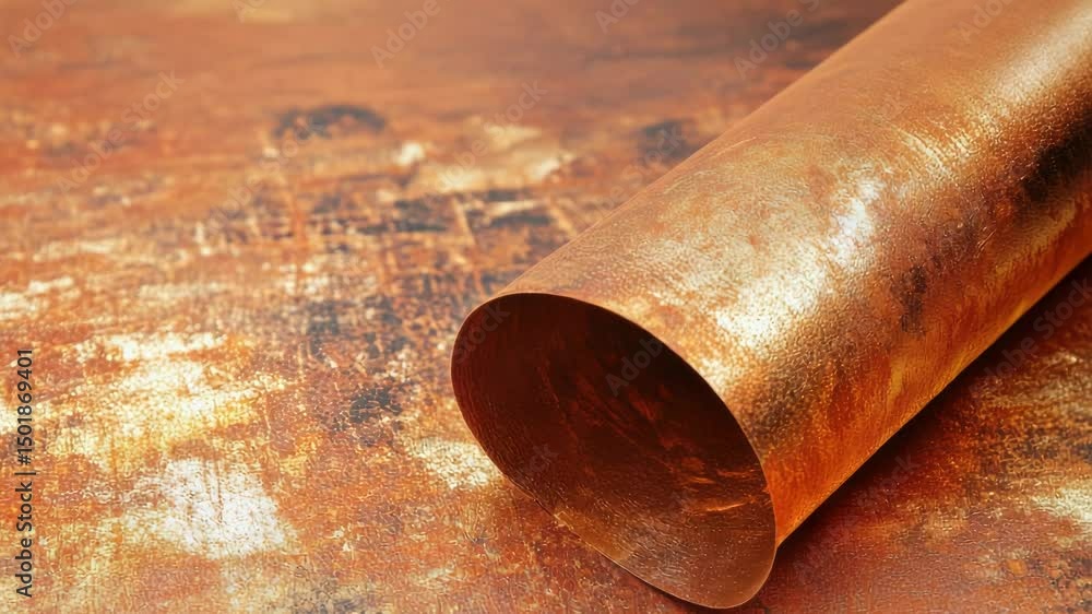 Poster a close-up of a rolled up copper coil sitting on a rusty surface, perfect for use in industrial or m