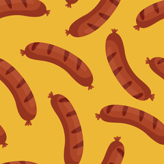 Vector Sausage Seamless Pattern. Seamless Sausage Pattern on Yellow Background. Tasty Sausage Pattern for Food Design, Butcher Shop, BBQ, Restaurant, Fast Food, Menu, Kitchen, Wrapping Paper, Textile