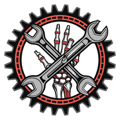 Design a logo featuring a cross wrench intersecting gears, with a skeleton hand gripping the wrench's center.  Aim for a vintage, industrial aesthetic.